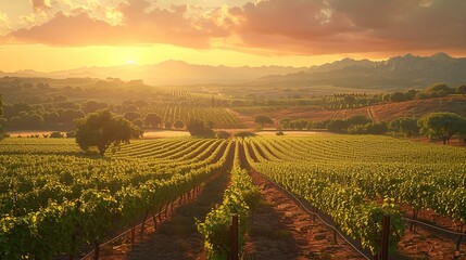 Fototapeta premium Expansive Spanish vineyards bathed in warm sunlight