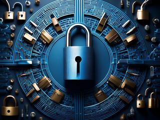 A high-tech padlock floating amidst digital circuits and glowing data streams, symbolizing advanced cybersecurity measures. The image highlights the importance of digital protection and secure data ma