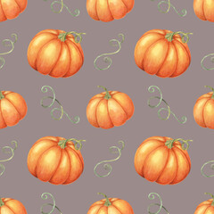 Orange pumpkins and green vines backdrop clipart. Watercolor seamless pattern for use in home decor, event invitations, themed merchandise, and seasonal tableware.