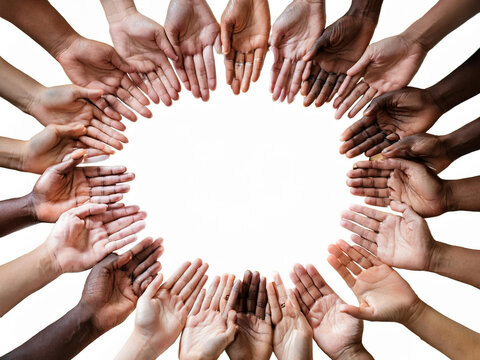 A circle of diverse hands from different ethnicities, symbolizing unity, diversity, and inclusivity. The hands are reaching towards the center, creating a powerful image of togetherness and collaborat