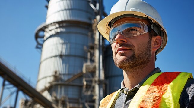 A grain elevator worker wearing a hard hat and safety goggles stands confidently in front of a towering grain elevator with clear blue skies.