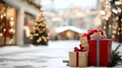 Three boxes of presents are stacked on top of each other in front of a Christmas tree. The scene is set in a snowy area, with a bright red and white Christmas tree in the background