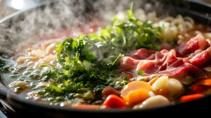 Detailed shot of a hot pot filled with vibrant vegetables, tender slices of meat, and aromatic herbs, captured with steam rising from the simmering broth.