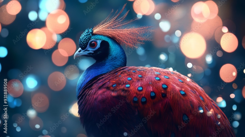 Poster detailed shot of a majestic bird with bright feathers, sitting gracefully against a backdrop of glow