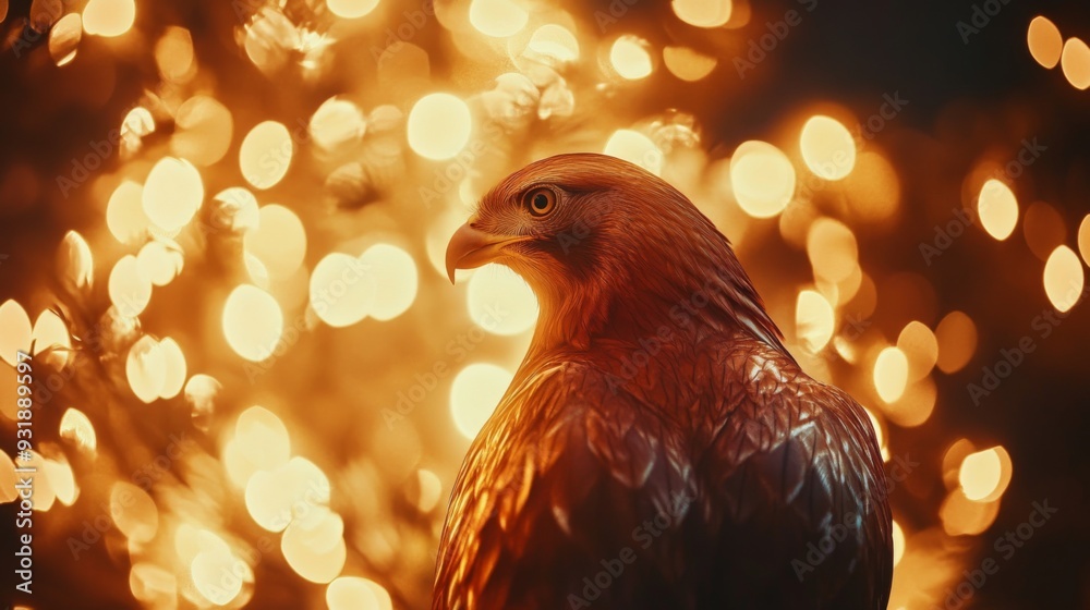 Poster detailed shot of a majestic bird with bright feathers, sitting gracefully against a backdrop of glow