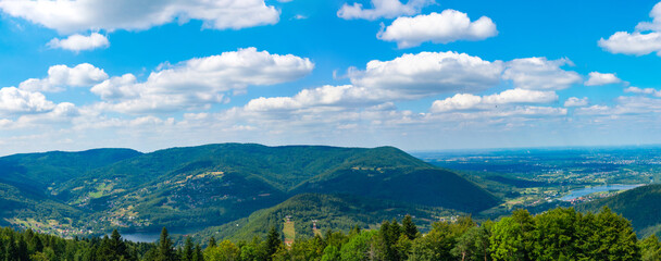 Panoramic view of Beskidy Mountains. Porabka town, Silesia region, Poland