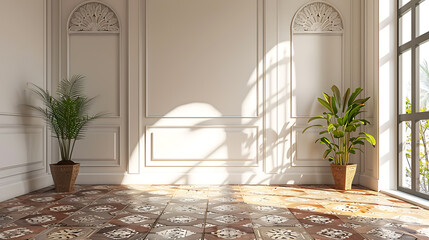 Sunlight streams through a window illuminating a room with white walls, decorative moldings, and patterned tile flooring.