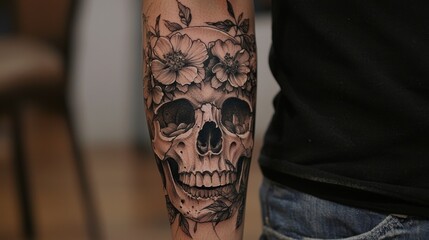 A forearm tattoo of a detailed skull with flowers growing out of the eye sockets, blending realism and surrealism
