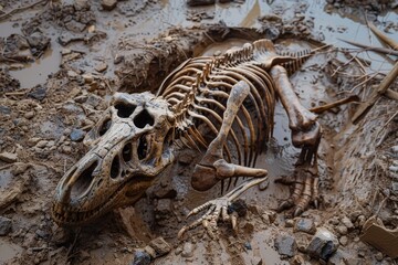 Dinosaur skeleton unearthed from the ground during excavation process in a paleontological dig site