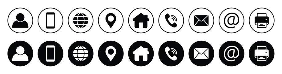 Contact us icon set. Business card,  Containing user, Phone, Website, Location, Address, telephone, mail, fax, symbol sign for apps and website, Communication contact, vector illustration.