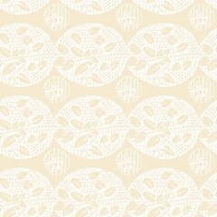 Obraz premium Modern white on cream lace effect wedding background texture. Soft tonal linen openwork block print with subtle hand drawn lattice damask printed fabric backdrop. 
