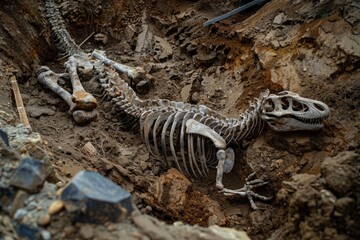 Naklejka premium Dinosaur skeleton unearthed from the ground during excavation process in a paleontological dig site