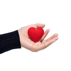 Obraz premium hand holding a small red heart isolated on white background