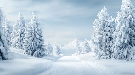 Fototapeta premium A snowy landscape with a road in the middle and trees on both sides. The road is empty and the trees are covered in snow. The scene has a peaceful and serene mood