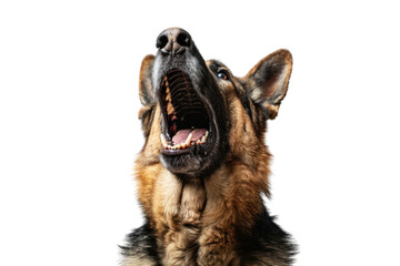 German Shepherd dog is barking excitedly. on a white background