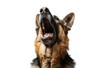 German Shepherd dog is barking excitedly. on a white background