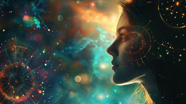 Beautiful woman astrology background, wheel forecast