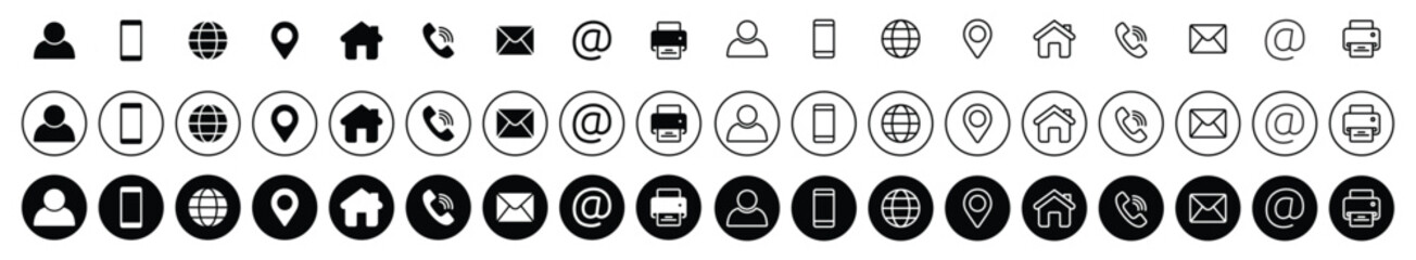 Contact us icon set. Business card,  Containing user, Phone, Website, Location, Address, telephone, mail, fax, symbol sign for apps and website, Communication contact, vector illustration.