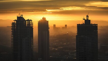 Cityscape at Sunset with Three Tall Buildings Under Construction and Silhouetted Skyscrapers