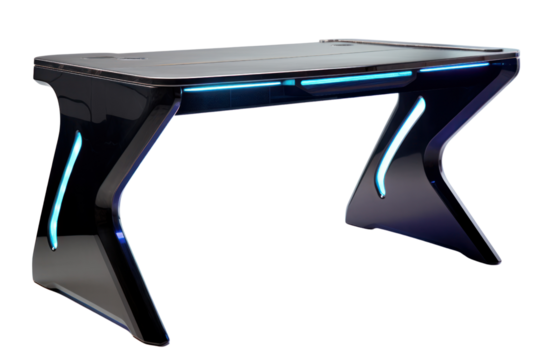 gaming desk with integrated LED lights and ergonomic features, isolated on a white background.