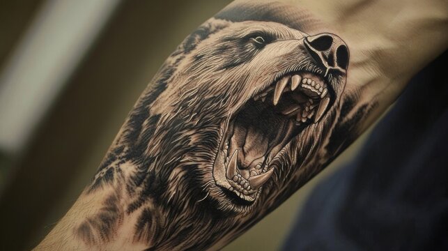 A forearm tattoo of a roaring bear, with realistic fur texture and dynamic shading