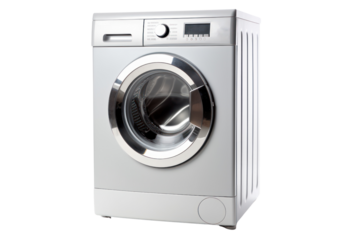 front-loading washing machine with a stainless steel drum and a variety of washing cycles, isolated on a white background