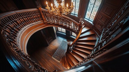 Obraz premium a grand, spiral staircase in a historic building, featuring ornate ironwork, polished wooden steps, and an elegant chandelier hanging from the ceiling