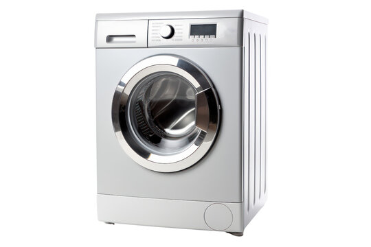front-loading washing machine with a stainless steel drum and a variety of washing cycles, isolated on a white background - Powered by Adobe