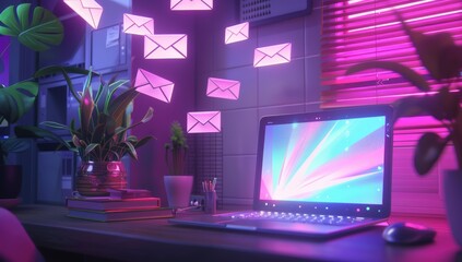 Fototapeta premium Digital notifications of colorful emails hover above a laptop in a well-lit modern office setting with indoor plants