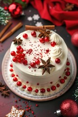 Festive Christmas Cake with Ornaments, Pinecones, and Holiday Decorations on Dark Background