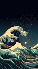 Celestial Seascape: Moonlit Waves and Starry Night Abstract Art. Mesmerizing Ocean-Sky Fusion with Flowing Lines for Artistic UI, Web Design, and 4K Wallpapers. AI-Generated Decorative Illustration Pe