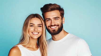 Portrait of a happy young couple in white t-shirts smiling against a blue background.