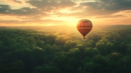 A Hot Air Balloon Soaring Above a Dense Forest at Sunset