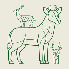 funny illustration of a deer isolated on white, silhouette animal outline.