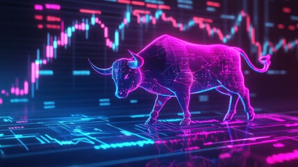 Neon Bull Market: A vibrant, neon-hued bull, symbol of a bullish trend, strides confidently across a futuristic stock market interface, embodying the excitement and potential of financial growth. 