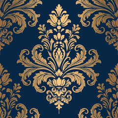 Gold and blue damask vector seamless pattern. Vintage, paisley elements. Traditional, Turkish motifs. Great for fabric and textile, wallpaper, packaging or any desired idea.