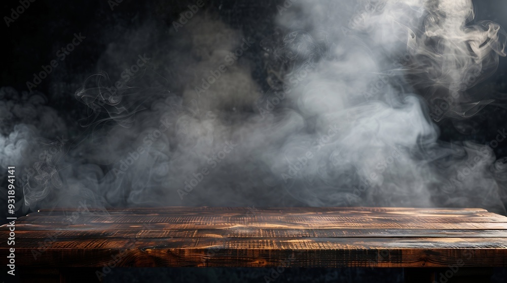 Poster On a black background an empty wooden table with smoke floats up Empty space for displaying your products with a smoke float up on a dark background Space available for displaying your : Generative AI
