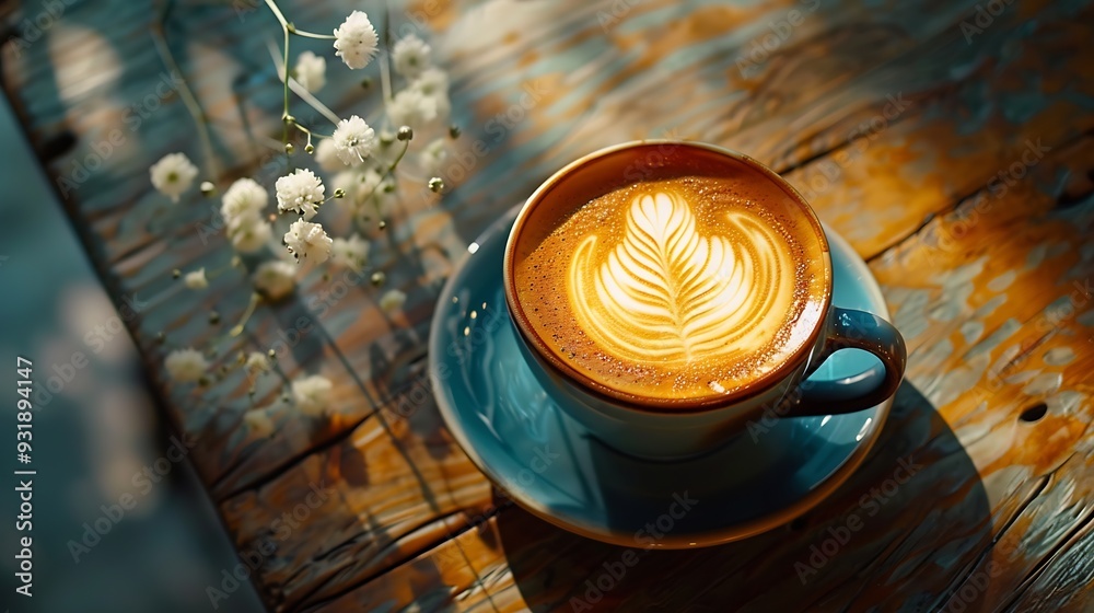 Poster top view of hot coffee latte art on wood table : generative ai