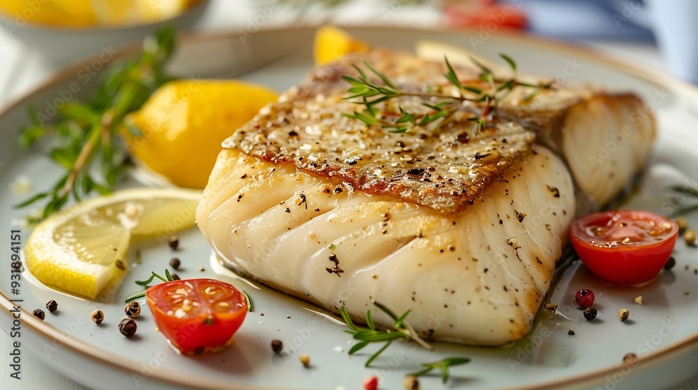 Poster take a photo by smart phone of sea bass fillet steak with lemon sauce served with vegetable on plate
