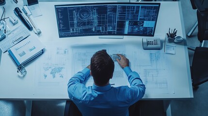 detailed view of engineers working at a drafting table, with blueprints, technical drawings, and computer screens displaying complex designs and calculations in a modern office setting
