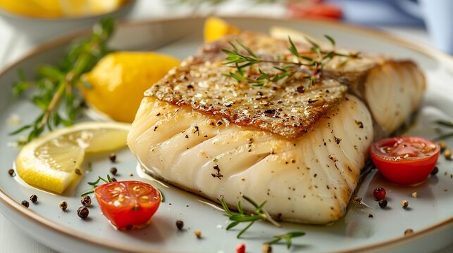 Take a photo by smart phone of sea bass fillet steak with lemon sauce served with vegetable on plate : Generative AI