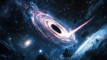 A cosmic scene showing a black hole ejecting jets of high-energy particles into space, with surrounding stars and galaxies in the background