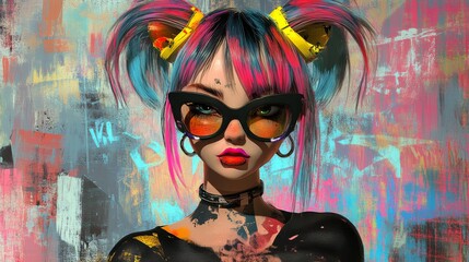 Energetic 3D Cartoon Avatar in Punk Style with Colorful Hair and Urban Background