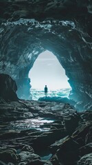 A person gazes at the ocean from a sea cave at dusk, framed by the cave's arch. The monochromatic setting exudes peace, mystery, and natural beauty.