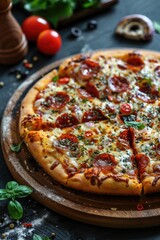 Delicious Pepperoni Pizza Slice with Melting Cheese and Fresh Ingredients on Rustic Background