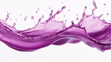 A vivid splash of purple juice arcs gracefully across the frame, with droplets suspended in mid-air against a white background. The juice is a deep, vibrant purple, with hints of burgundy, suggesting
