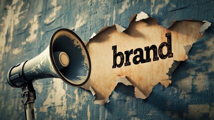 A megaphone and the word "brand" on a torn piece of paper against a blue wall
