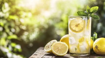 Fototapeta premium A glass of lemonade with a sprig of fresh mint sits on a rustic wooden table, surrounded by sliced lemons and mint leaves. The lemonade is a pale yellow, with visible ice cubes floating inside,