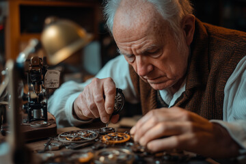 Elderly watchmaker meticulously repairing vintage timepiece in workshop