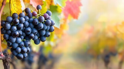 A vineyard with grapevines heavy with ripe fruit, set against a backdrop of autumn colors, Autumn Grape Harvest, emphasizing the peak season for grape harvesting